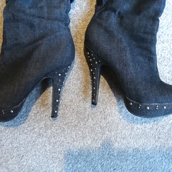 FAHRENHEIT BLACK DENIM STILETTO PLATFORM BOOTS - Picture 2 of 4